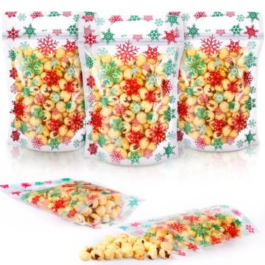 Imagem de Teenyyou 60 unidades de sacos de presente de floco de neve de Natal de plástico, vermelho, verde, rosa, floco de neve, sacos recicláveis, bolsas de presente de Natal para lembrancinhas de festa de