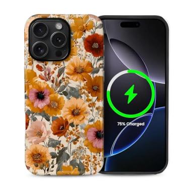 Imagem de ZHEGAILIAN Capa magnética para iPhone 14 Pro, compatível com capa rígida MagSafe + silicone macio 2 em 1 híbrido à prova de choque capa protetora contra quedas floral sonho flores silvestres bordado