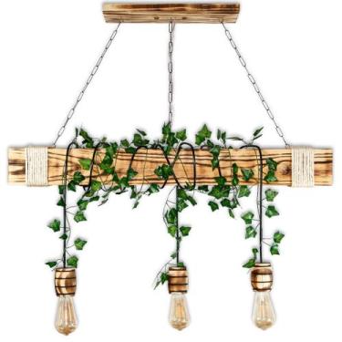Imagem de Luminária Grande Rústica de Madeira com 3 Pendentes Bocal Barril + Pla