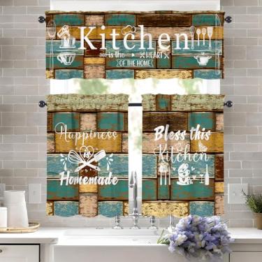 Imagem de WTQPLNMCB Conjunto de cortinas e sanefas de cozinha Farmhouse – Conjunto de 3 cortinas de cozinha rústicas vintage com 91 cm de comprimento com sanefa para janelas, bolso de varão, decoração de