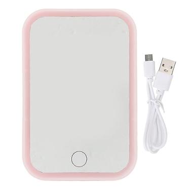 Imagem de Espelho de maquiagem iluminado rosa LED com controle de toque Espelho quadrado para mesa com brilho ajustável Espelho de vaidade giratório com vidro HD para viagens em salão de