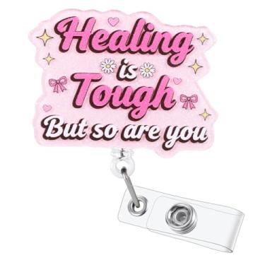 Imagem de Healing is Tough, But So Are You Funny Mental Health Badge Reel | Porta-crachá retrátil resistente, seguro para ressonância magnética | Clipe de crachá médico | Presentes motivacionais para