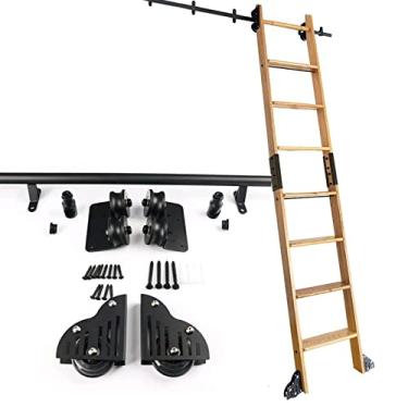 Imagem de ASXCAQ Kit de porta de celeiro deslizante de 100-600 cm conjunto de trilhos deslizantes (sem escada), trilho de escada rolante de tubo redondo de aço com rodízios de piso trilho de escada móvel de