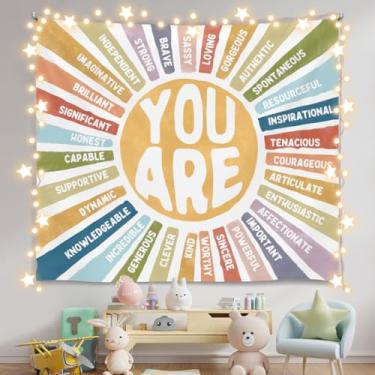Imagem de Forola Tapeçaria de parede inspiradora para quarto de crianças, 150 x 129 cm, design de afirmações de animais, decoração motivacional para berçário, cabeceira de sala de aula (colorido-You are)