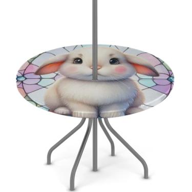 Imagem de hongjinglin Toalha de mesa de Páscoa para uso ao ar livre com orifício para guarda-chuva, toalha de mesa redonda elástica com zíper, impermeável, limpável, para piquenique, festa, pátio, serve para
