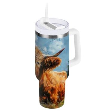 Imagem de xigua Copo Highland Cow 1,134 g com tampa e canudo, aço inoxidável de vácuo duplo isolado garrafa de água esportiva suporte para copo de café de viagem à prova de vazamento para bebida gelada