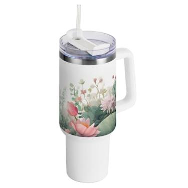 Imagem de xigua Copo vintage de flores silvestres de 1,134 g com alça e canudo, aço inoxidável duplo isolado a vácuo garrafa de água suporte de copo de garrafa de água amigável à prova de vazamento copo de