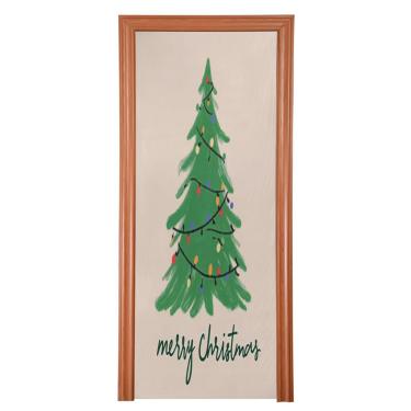 Imagem de ATTX Capa de porta da frente de árvore de Natal com luzes coloridas - Decoração de férias de tecido elástico lavável para festas, casa, decoração de porta da frente, 32 x 79 polegadas (160)