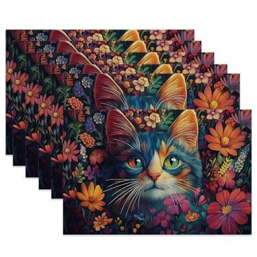 Imagem de Jogo americano de pano de gato azul, flores coloridas resistentes ao calor, conjunto de 6, tapetes de linho laváveis para decoração de mesa de sala de jantar, casa, restaurante, cafés, festas de fim