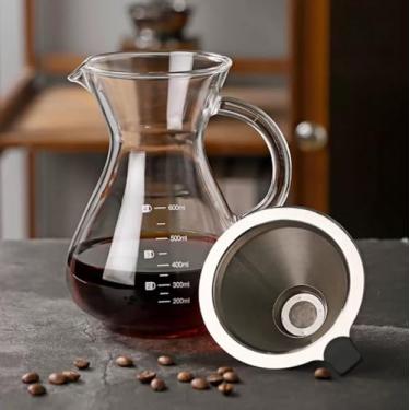 Imagem de Coador de Cafe Vidro, Capacidade para 600ml, Coador de Cafe, Passador de Café Vidro Borossilicato com Cabo Filtro de Aço Inoxidável Reutilizável de Dupla Filtragem