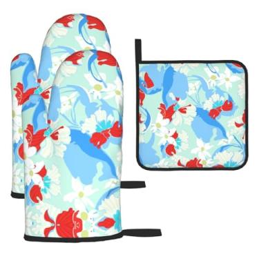 Imagem de Graffiti Flowers – Conjunto de cozinha essencial com 3 peças, luvas resistentes ao calor e alça de tampa, proteção para churrasco no forno, design de armazenamento suspenso.