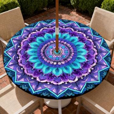 Imagem de COTAIL Toalha de mesa redonda para uso ao ar livre com zíper e orifício para guarda-chuva, toalha de mesa elástica à prova d'água a óleo para pátio, piquenique, acampamento, jardim, serve para mesa