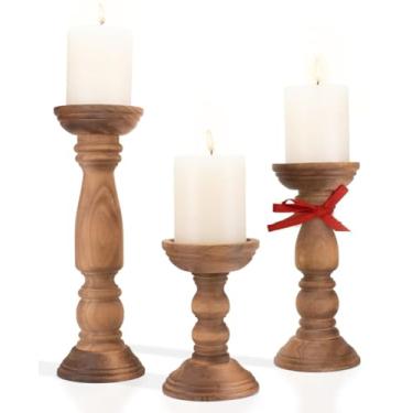 Imagem de Castiçais de madeira de fazenda para velas de pilar, conjunto de 3, suporte de vela de madeira rusitc decoração de mesa, 30 cm, 23 cm, 15 cm, 15 cm, suporte de vela vintage alto decorativo, marrom