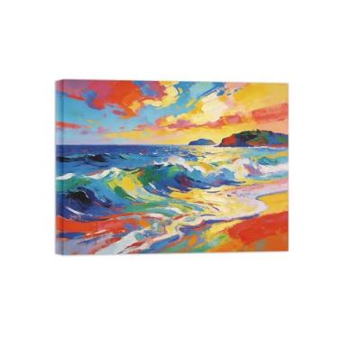 Imagem de BMZFYBS Pintura abstrata de parede - paisagem de praia com ondas do mar - decoração moderna - impressões em tela para sala de estar pronta para pendurar tela emoldurada de 80 x 105 cm 31 x 41 pol