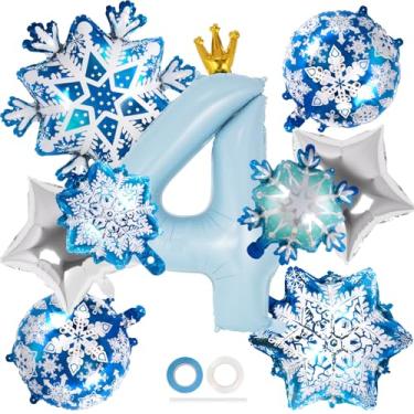 Imagem de Balão número 4 com coroa de 101 cm, decorações azuis de festa de 4 anos, balões de Mylar de folha de floco de neve para decorações de festa de aniversário com tema de inverno (número 4)