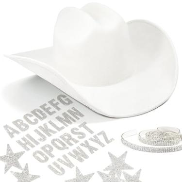 Imagem de Keilin Chapéus de cowboy para mulheres chapéu de vaqueira de strass chapéu de feltro chapéu ocidental Nashville despedida de solteira discoteca roupas de vaqueira faça você mesmo, Branco, 6 3/4-7 3/8