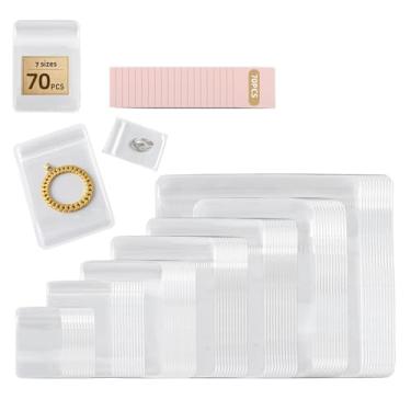 Imagem de Ytuaebni 70 sacos de armazenamento de joias, sacos de joias transparentes de PVC resseláveis e 70 peças de pano de limpeza rosa para anéis, brincos, pulseiras e pequenas embalagens de joias