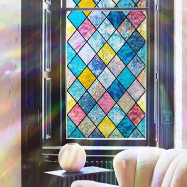 Imagem de Flortlias Película para janela de privacidade arco-íris, vitral decorativo, padrão de treliça azul, protetor solar iridescente para porta de vidro com ferramenta, prisma arco-íris, 43 cm x 200 cm