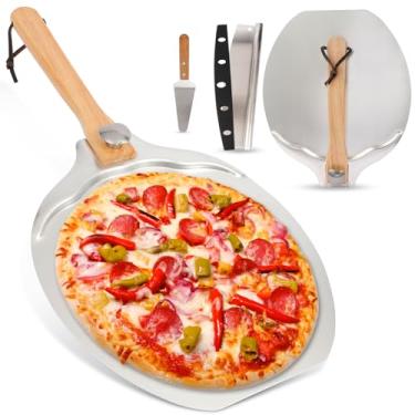 Imagem de Conjunto de casca de pizza de alumínio de 30,5 x 35,5 cm - Pá de pizza profissional e espátula de pizza com cabo de madeira dobrável e cortador basculante compatível com Ninja/ooni, acessórios
