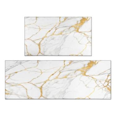 Imagem de QXWREL Tapetes de cozinha para chão, conjuntos de 2 peças, tapetes de cozinha de fazenda, antiderrapante, lavável, padrão de mármore, vintage, tapete absorvente e tapete de corredor para decoração de