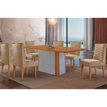 Imagem de Sala Jantar Mesa Pietá Tampo Curvo 180cm+6 Cadeiras Dafne Madeira Naturale/Off White - Capuccino/Linho Bege - Rufato