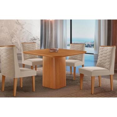 Imagem de Sala Jantar Mesa Maldivas Tampo Curvo 90cm+4 Cadeiras Dafne Madeira Naturale - Capuccino/Suede Creme - Rufato