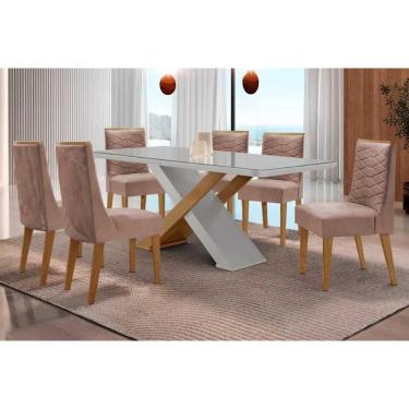 Imagem de Sala Jantar Mesa Imperatriz Tampo c/ Vidro Curvo 180cm+6 Cadeiras Maldivas Madeira Naturale/Off White - Capuccino/Linho Capuccino - Rufato