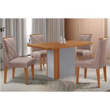 Imagem de Sala Jantar Mesa Pietá Tampo Curvo 120cm+4 Cadeiras Pietá Madeira Naturale/Off White - Capuccino/Linho Capuccino - Rufato