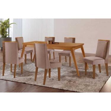 Imagem de Sala Jantar Mesa Havana Tampo Curvo 180cm+6 Cadeiras Tilia Madeira Naturale - Capuccino/Linho Capuccino - Rufato