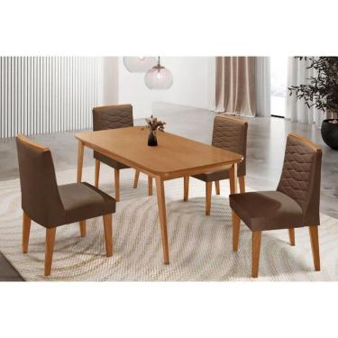 Imagem de Sala Jantar Mesa Havana Tampo Curvo 120cm+4 Cadeiras Maldivas Madeira Naturale - Capuccino/Suede Marrom - Rufato