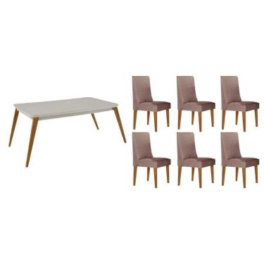 Imagem de Sala Jantar Mesa Havana Tampo c/ Vidro Curvo 180cm+6 Cadeiras Dakota Madeira Naturale/Off White - Capuccino/Linho Capuccino - Rufato