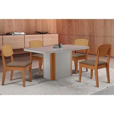Imagem de Conjunto Sala de Jantar Pietá c/ Tampo Madeirado c/ Vidro Canto Curvo 120x80cm e 4 Cadeiras Havana Premium Naturale/Off White - Suede Capuccino-Rufato