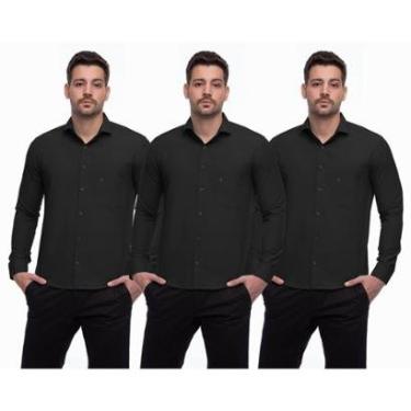 Imagem de Camisa Social Masculina Manga Longa Lisa Botões Kit 3-Masculino