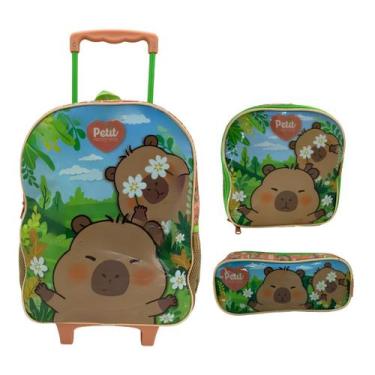 Imagem de Kit Mochila De Rodinha + Lancheira + Estojo Capivara 15710 Cor:Laranja