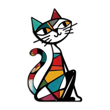 Imagem de Putuo Decor Arte de parede de metal de gato colorido decoração geométrica de meados do século para decoração de parede de placas retrô modernas para sala de estar quarto escritório cozinha (cor gato