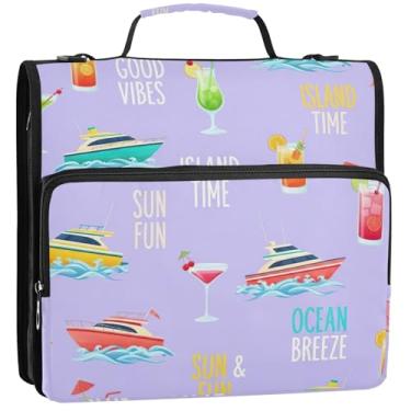 Imagem de Organizador de fichário com zíper para documentos, 3 anéis, 3 anéis, barcos tropicais, roxo, pasta de armazenamento com alça, bolsa escolar com alça de ombro, 34,5 x 31,5 x 9 cm