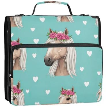 Imagem de Linda crina de cavalo, azul-petróleo, 3 argolas de 3 anéis, organizador de fichário com zíper, bolsa escolar com alça de ombro, suporte para 500 lençóis, 34,5 x 31,5 x 9 cm