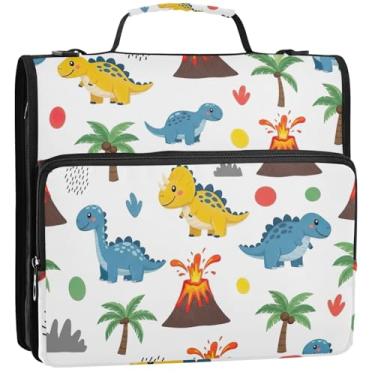 Imagem de Fichários fofos de dinossauros azuis de 3 cm com 3 anéis para fichários resistentes com zíper bolsa organizadora de fichários escolares com alça de ombro para portfólio comporta 500 lençóis, 34,5 x