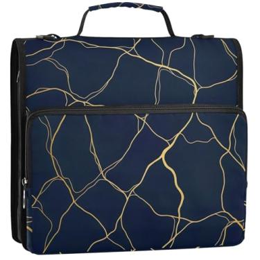 Imagem de Fichários com 3 anéis de 3 argolas de 3,8 cm, fichários organizadores de fichários de mármore marinho com alça bolsa escolar grande, vários bolsos, pasta grande para portfólio, 34,5 x 31,5 x 9 cm