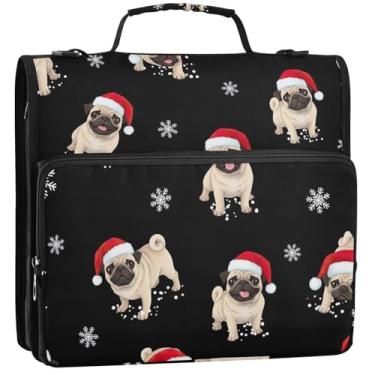 Imagem de Cute Pugs Red Santa Hats Organizador de fichário com zíper 3 fichários anel D 3,88 cm bolsa escolar com alça de ombro portfólio e estojo suporte para pasta de anel, 34,5 x 31,5 x 8,9 cm