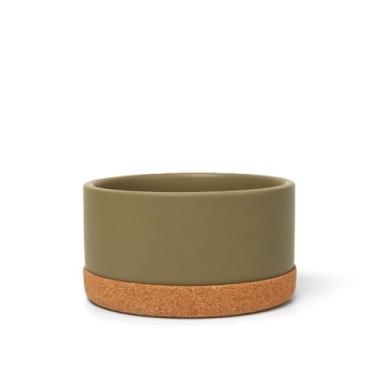 Imagem de Waggo Tigela de cortiça – Prato de cerâmica antiderrapante para ração e água para animais de estimação com base de cortiça removível – Seguro para lava-louças e micro-ondas (azeitona)