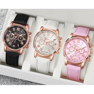 Imagem de Relógio Feminino Casual Luxo Pulseira material sintético Kit 3 Peças: 