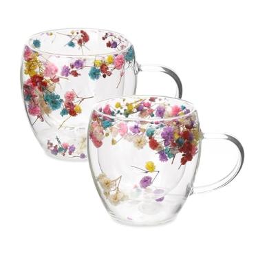 Imagem de GURUDETRA ENTERPRISES Canecas de vidro transparente de parede dupla, com alça, copo de vidro isolado duplo para cappuccino quente e frio, café com leite, café, xícaras de café (flor imortal, hálito de