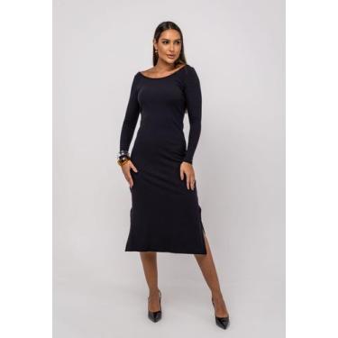 Imagem de Vestido Midi M/L Decote Canoa Canelado Preto Salvatore, G