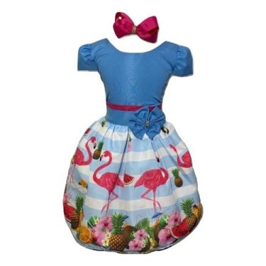 Imagem de Vestido Infantil Temático Flamingo Azul Festa  - Bento E Maria Moda In