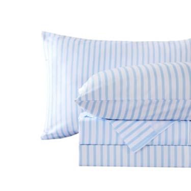 Imagem de MCO Conjunto de lençóis listrados de 4 peças, conjunto de lençol King respirável com bolso profundo de 41 cm, moderno e luxuoso, conjunto de cama de microfibra escovada (king, azul simples)