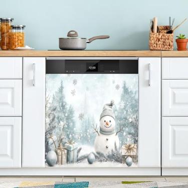Imagem de xigua Linda capa magnética de boneco de neve de Natal, adesivos magnéticos decorativos antiarranhões para painel de geladeira e lava-louças, decoração personalizada de cozinha doméstica 58 x 66 cm