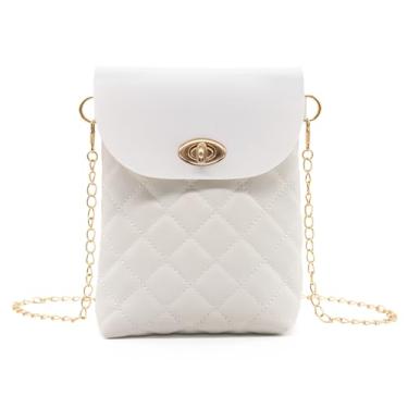 Imagem de YAMEIZE Bolsa tiracolo acolchoada para celular feminina pequena de couro PU com alça metálica, Branco