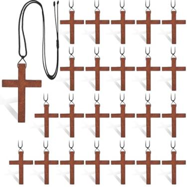 Imagem de PLKDJDM Colar de cruz de madeira a granel para lembrancinha de festa, cruz de madeira para presentes cristãos, colar com pingente de crucifixo de madeira para mulheres e homens