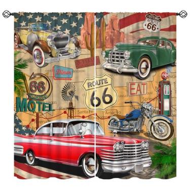 Imagem de KANEPE Cortinas retrô Route 66, tratamentos de janela rústicos vintage clássico para carro, motociclista, cortinas com isolamento térmico, 2 conjuntos de painéis para quarto, sala de estar, 107 cm L x